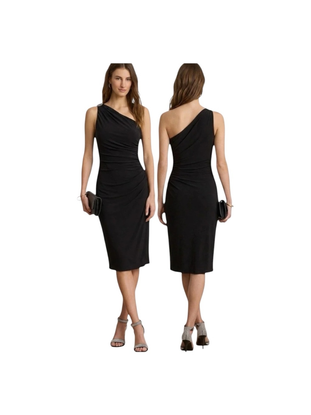 Lauren Ralph Lauren.  Black Stretch Jersey One Shoulder Ruched Dress Size 6
